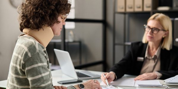 Side view portrait of young woman with neck injury filling documents at insurance agency office, copy space